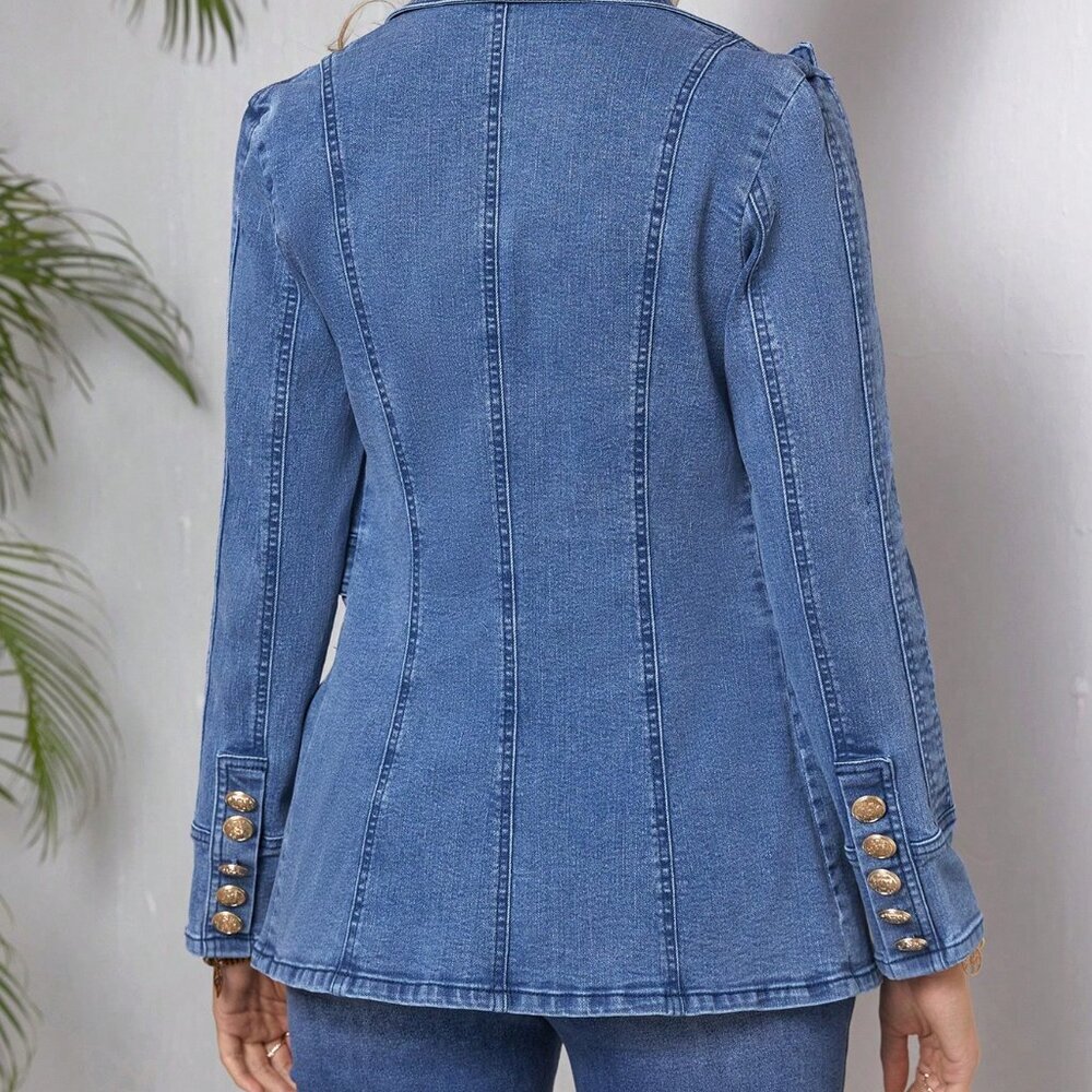 Blue Casual Women's Double-Breasted Decorated Blazer Collar Denim Jacket - Picture 2 of 6